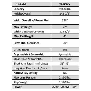 Valor VP9KSCX 9,000 lb 2 Post Clear Floor - Symmetric