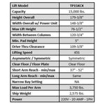 Tuxedo TP15KCX 15,000 lb Heavy Duty 2 Post Lift