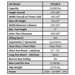 Tuxedo TP15KCX 15,000 lb Heavy Duty 2 Post Lift