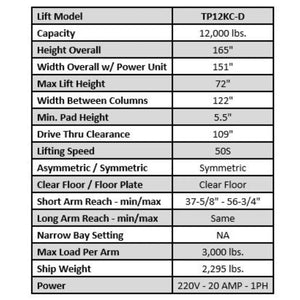 Tuxedo TP12KC-D 12,000 lb 2 Post Lift - Direct Drive
