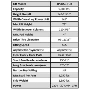 Valor - VP9KAC-TUX 9,000 lb 2 Post Clear Floor - Asymmetric