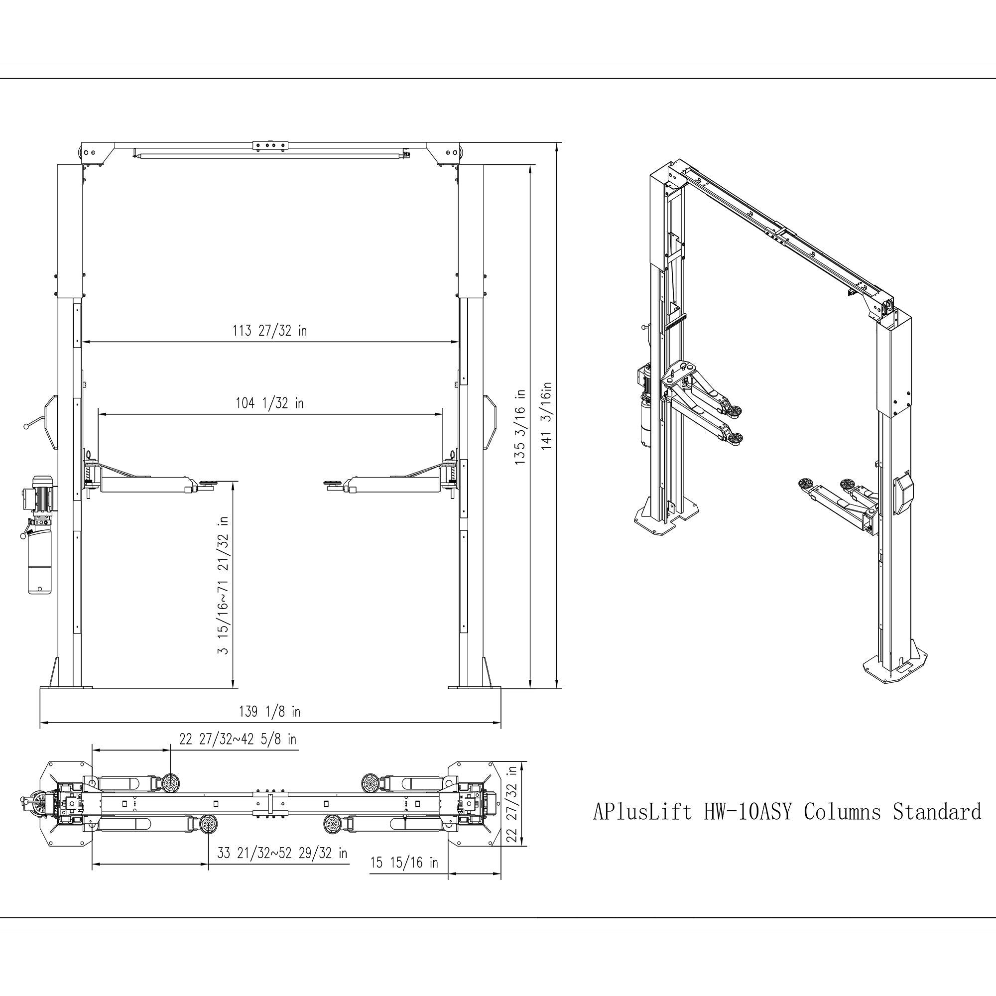 APlusLift 10,000LB 2-Post Overhead Symmetrical and Truly Asymmetrical Single Release Car Lift with 3 Year Warranty - HW-10ASY
